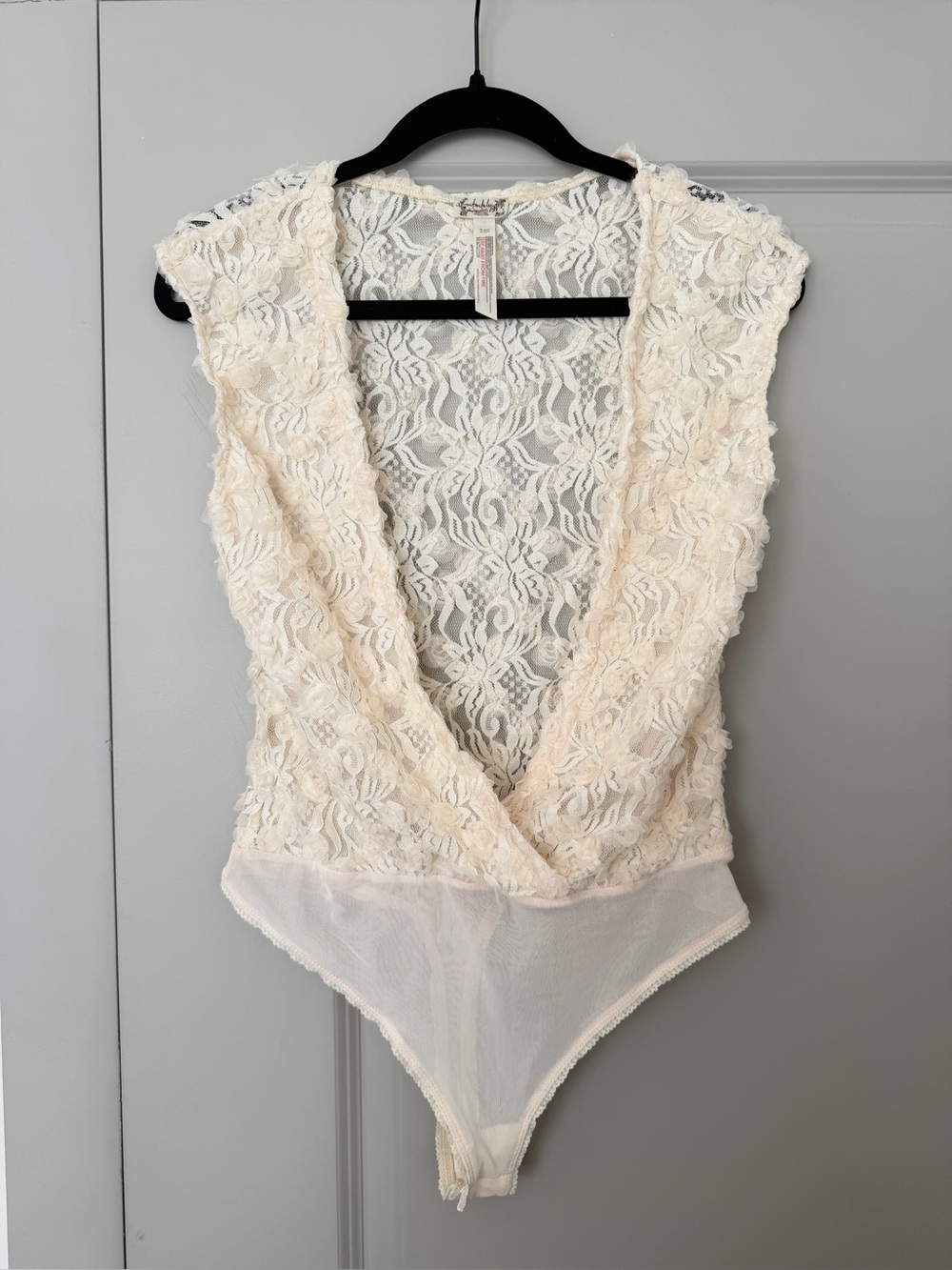 Free People Sheer Lace Plunge Bodysuit - Ivory